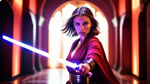 Prompt: A young and beautiful Jedi girl wielding bright violet light saber on the left and red light saber on her hand, huge beautiful bosoms, free flowing hair, looking focused, dynamic attacking action stance, wearing a Jedi robe, fiercely fighting Imperial armies, crimson violet mists and vapors effects, huge Naboo palace hall as a backdrop, bokeh effects, glittering lights, Cinematic film still, shot on v-raptor XL, film grain, vignette, color graded, post-processed, cinematic lighting, 35mm film, live-action, best quality, atmospheric, a masterpiece, epic, stunning, dramatic, intricate details, HDR, beautifully shot, hyperrealistic, sharp focus, 64 megapixels, perfect composition, high contrast, epicanthic fold, cinematic, atmospheric, atmospheric