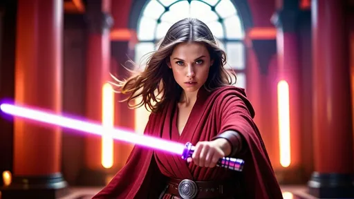 Prompt: A young and beautiful Jedi girl wielding bright violet light saber on the left and red light saber on her hand, huge beautiful bosoms, free flowing hair, looking focused, dynamic attacking action stance, wearing a Jedi robe, fiercely fighting Imperial armies, crimson violet mists and vapors effects, huge Naboo palace hall as a backdrop, bokeh effects, glittering lights, Cinematic film still, shot on v-raptor XL, film grain, vignette, color graded, post-processed, cinematic lighting, 35mm film, live-action, best quality, atmospheric, a masterpiece, epic, stunning, dramatic, intricate details, HDR, beautifully shot, hyperrealistic, sharp focus, 64 megapixels, perfect composition, high contrast, epicanthic fold, cinematic, atmospheric, atmospheric