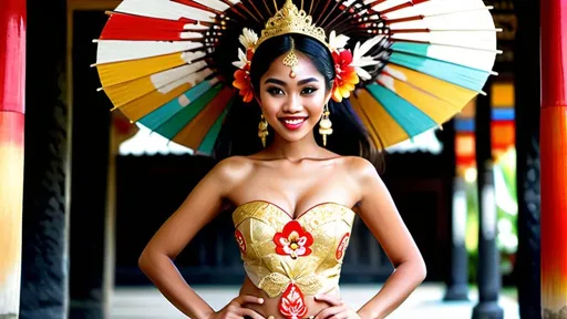 Prompt: Stunning frontal 21 year old Balinese princess fashion shot in regal avant-garde Kebaya Bali, beautifully perfect body shape, huge beautiful bosoms, regal smile, flirtatious, wearing Balinese traditional gold accessories, lush Balinese landscape and Balinese palace background, intricate Balinese scripture on the walls, colorful parasols, backed by traditional Balinese dancers, extra high details, superb unreal rendering, panoramic, atmospheric, ultra HDR, vivid, depth of field, bokeh, ultra realistic appearance, life like appearance, 64 megapixels, moody, romantic