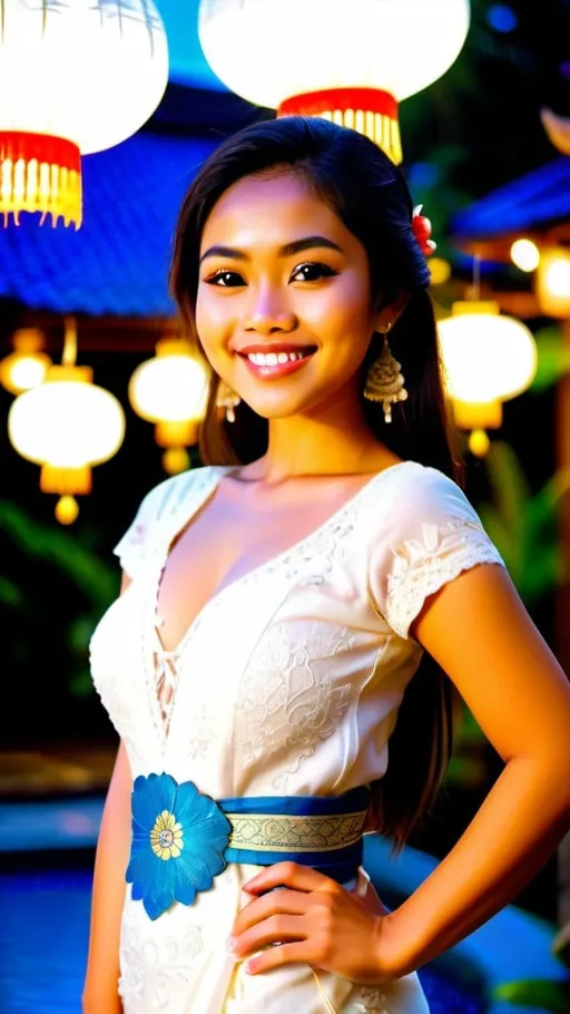 Prompt: A beautiful 21 years old Balinese girl wearing white decorated lace Kebaya Bali, beautifully perfect body shape, large bosoms, smiling sweetly, professional supermodel makeup, wearing traditional Balinese accessories, standing in front of traditional Balinese residence and lush Balinese landscape. Image captured at sunset with glittering Balinese pendant lamps, bokeh effect, perfect composition, high contrast, cinematic, atmospheric, panoramic, moody, 64 megapixels, ISO400 