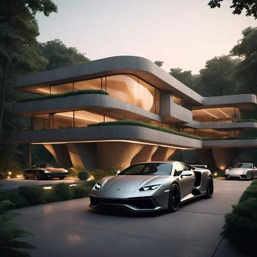 Prompt: Luxury residence, massive Brutalist Architecture and Morphosis elements. Combination of spherical and boxy structures with protuding I type beam columns. Fluid spatial configurations, ultra high realism, cinematic, 4K, a Lamborghini Murcilago and 911 Porsche are parking at the porch, lush forest background, near riverside, sunset with ambience lighting. 