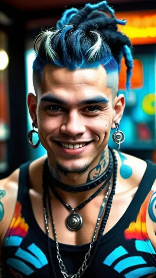 Prompt: Close up portrait shot, frontal view, a handsome cybergoth guy with huge muscular built, flirty smile, heavy cybergoth avant-garde accessories, bangles, ornate body piercings, Sanskrit body tattoos, ornate ornaments, messy bun, dreadlocks hairstyle, in the artstyle of Dan Lam, Aaron Horkey & Andy Warhol, Psychedelic post world as a backdrop in full bokeh effects, Surrealistic, Beautiful, Weird, Elegant, Eerie, Glamorous, Psychedelic, cgi, 3d, 32k, vibrant, realistic, hyperrealistic, photorealistic, cinematic, interesting, exciting, ultra vivid, solid, shiny, maximalist, perfect, masterpiece, intricate details, ultra HDR, beautifully shot, hyperrealistic, sharp focus, 64 megapixels, perfect composition, high contrast, cinematic, atmospheric, moody