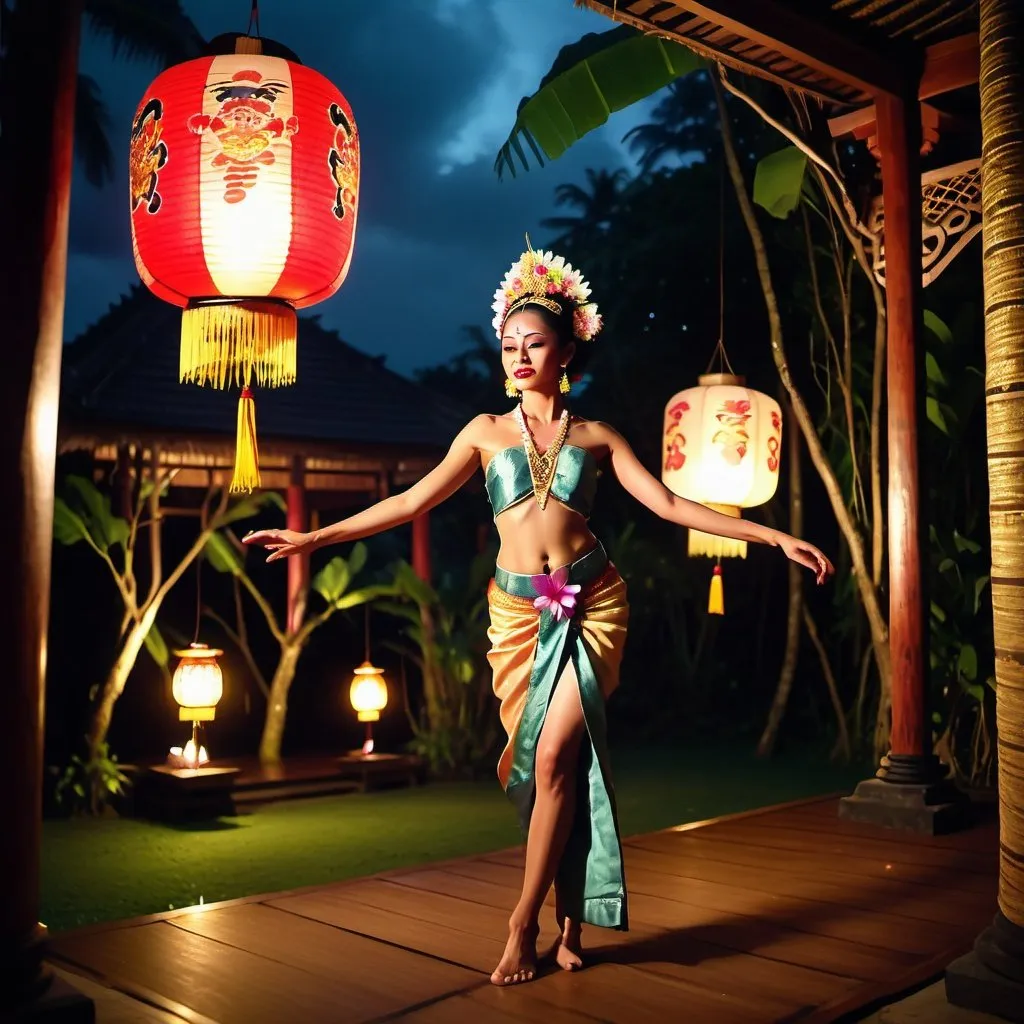 Prompt: Exotic traditional Balinese residence with lush Balinese landscape and exotic penjor stilts. Balinese dancers performing Legong Dance nearby. Night time, glittered with of Balinese lanterns and pendant lights. Cinematic film still, shot on v-raptor XL, film grain, vignette, color graded, post-processed, cinematic lighting, 35mm film, live-action, best quality, atmospheric, a masterpiece, epic, stunning, dramatic