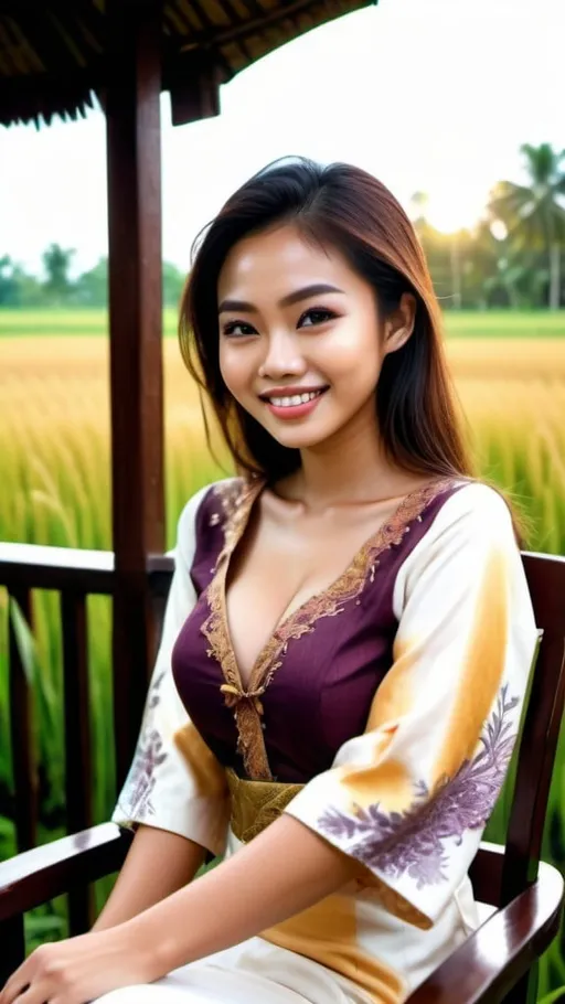 Prompt: A stunningly beautiful 21-year-old Malaysian girl, perfectly shape body, big beautiful bosoms, wearing traditional baju kebaya, smiling sweetly, supermodel makeup, sitting leisurely on an antique wooden chair, in front of lush beautiful paddy field and traditional Malay residence, beautiful sunset, warm glittering lights nearby, serene mood, ray tracing, grainy film effects, bokeh effects, lens flare, panoramic, atmospheric, ultra hyperrealistic, ultra HDR, beautifully shot, sharp focus, 64 megapixels, perfect composition, high contrast, intricate details, Nikon Z7ii, Nikkor 85mm f/1.8 1/250 ISO400