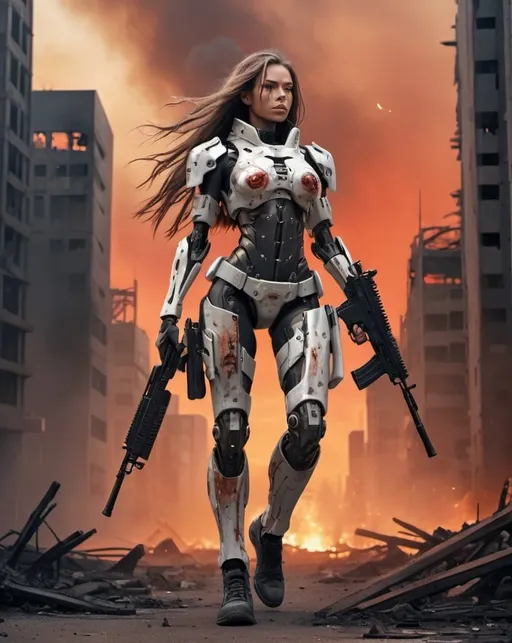 Prompt: A full body view of a beautiful female Cyborg, wearing weary battle gear with free flowing long hair, walking while holding her sophisticated assault rifle. Only her head remains humanlike. Her background is a cityscape burnt down to the ground with fiery red sky. 