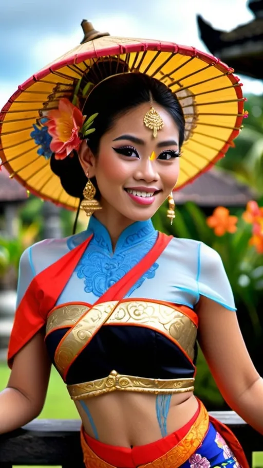 Prompt: Stunning frontal 21 year old Balinese princess fashion shot in regal avant-garde Kebaya Bali, beautifully perfect body shape, huge beautiful bosoms, regal smile, flirtatious, wearing Balinese traditional gold accessories, lush Balinese landscape and Balinese palace background, intricate Balinese scripture on the walls, colorful parasols, backed by traditional Balinese dancers, extra high details, superb unreal rendering, panoramic, atmospheric, ultra HDR, vivid, depth of field, bokeh, ultra realistic appearance, life like appearance, 64 megapixels, moody, romantic