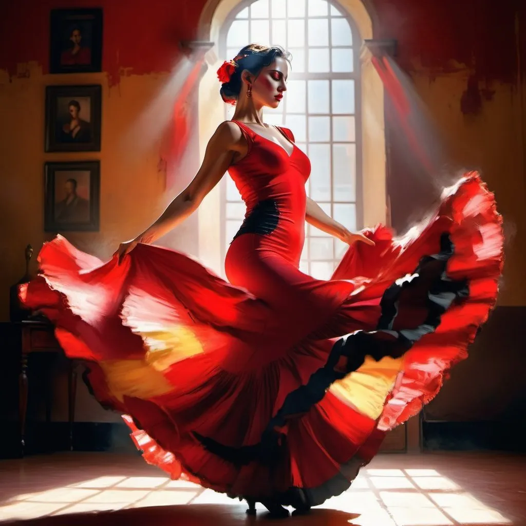 Prompt: une danseuse de flamenco qui a les yeux rouges Pino Daeni warm colors volumetric lighting trending on Artstation firey sunny, panoramic, cinematic, atmospheric, moody, intricate details, 64 megapixels, perfect composition, high contrast, epicanthic fold, vivid colors, life-like photography, photorealistic, hyperrealistic, sharp focus. 