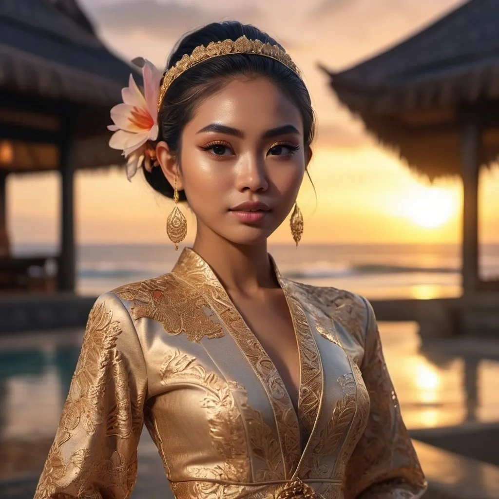 Prompt: Stunning frontal 21 year old Balinese girl fashion shot in avant-garde Kebaya Bali, extra high details, 8k, unreal engine5 rendering, panoramic, sunset at golden hour