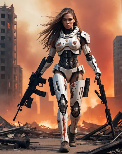 Prompt: A full body view of a beautiful female Cyborg, wearing weary battle gear with free flowing long hair, walking while holding her sophisticated assault rifle. Only her head remains humanlike. Her background is a cityscape burnt down to the ground with fiery red sky. 