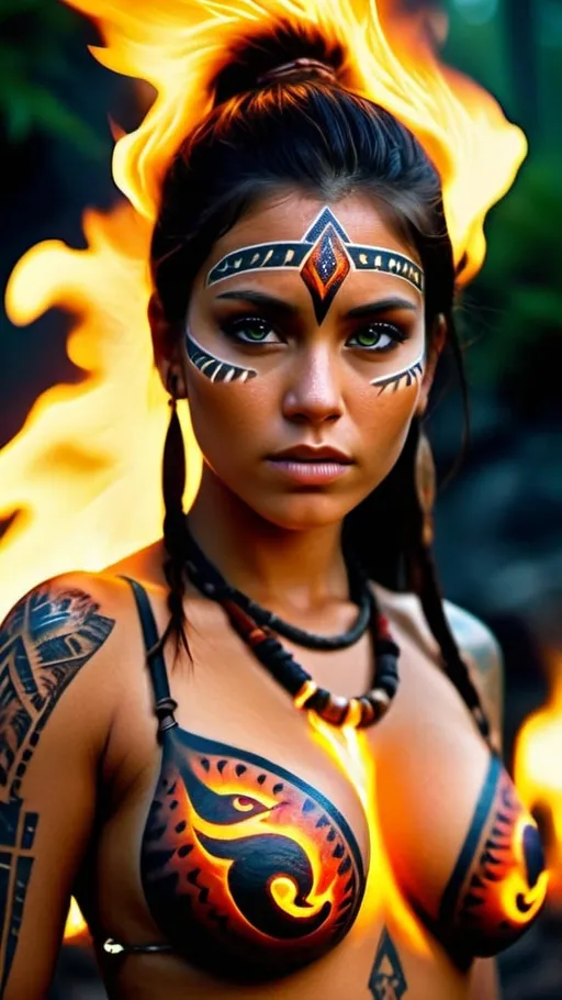 Prompt: ultra photorealistic cool fire tribe girl with tribal tattoo and tribal wear, huge beautiful bosoms, shot of a glowing fire spirit, fiery appendages outlined with thunder/lightning of light, eyes a deep, standing on a dynamic pose, enigmatic glow amidst the nature. no bad hands and extra fingers, Cinematic film still, shot on v-raptor XL, film grain, vignette, color graded, post-processed, cinematic lighting, 35mm film, live-action, best quality, atmospheric, a masterpiece, epic, stunning, dramatic, intricate details, HDR, beautifully shot, hyperrealistic, sharp focus, 64 megapixels, perfect composition, high contrast, cinematic, atmospheric, moody