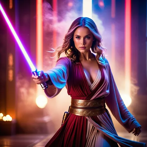 Prompt: A young and beautiful Jedi girl yielding a light sabre with her hands, huge beautiful bosoms, free flowing hair, fighting a handful of enemy droids fiercely, wearing a Jedi robe with ornate Jedi accessories, a misty crimson and violet effects and Tattoine palace as a backdrop, bokeh effects, glittering lights, Cinematic film still, shot on v-raptor XL, film grain, vignette, color graded, post-processed, cinematic lighting, 35mm film, live-action, best quality, atmospheric, a masterpiece, epic, stunning, dramatic, intricate details, HDR, beautifully shot, hyperrealistic, sharp focus, 64 megapixels, perfect composition, high contrast, epicanthic fold, cinematic, atmospheric, atmospheric 