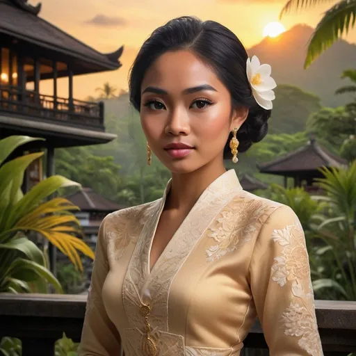 Prompt: Generate a breathtakingly realistic depiction of a 21-year-old Balinese woman elegantly dressed in a Kebaya Bali, amidst the enchanting backdrop of lush Balinese scenery and traditional architecture, illuminated by the warm glow of a captivating sunset. The scene should exude the essence of Balinese beauty and culture, with meticulous attention to detail and vibrant colors that enhance the serene atmosphere. Aim for an art deco-inspired aesthetic, ensuring a serene and captivating portrayal.