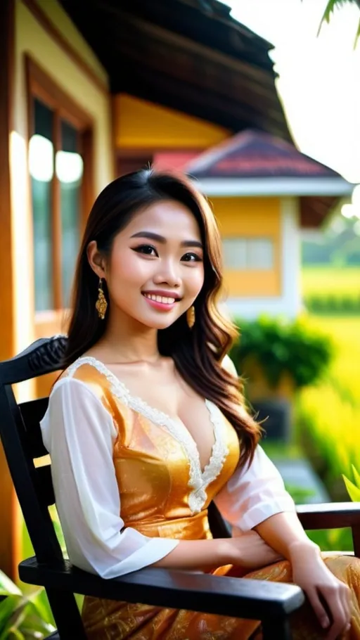 Prompt: A stunningly beautiful 21-year-old Malaysian girl, perfectly shape body, big beautiful bosoms, wearing traditional baju kebaya, smiling sweetly, supermodel makeup, sitting leisurely on an antique wooden chair, in front of lush beautiful paddy field and traditional Malay residence, beautiful sunset, warm glittering lights nearby, serene mood, ray tracing, grainy film effects, bokeh effects, lens flare, panoramic, atmospheric, ultra hyperrealistic, ultra HDR, beautifully shot, sharp focus, 64 megapixels, perfect composition, high contrast, intricate details, Nikon Z7ii, Nikkor 85mm f/1.8 1/250 ISO400