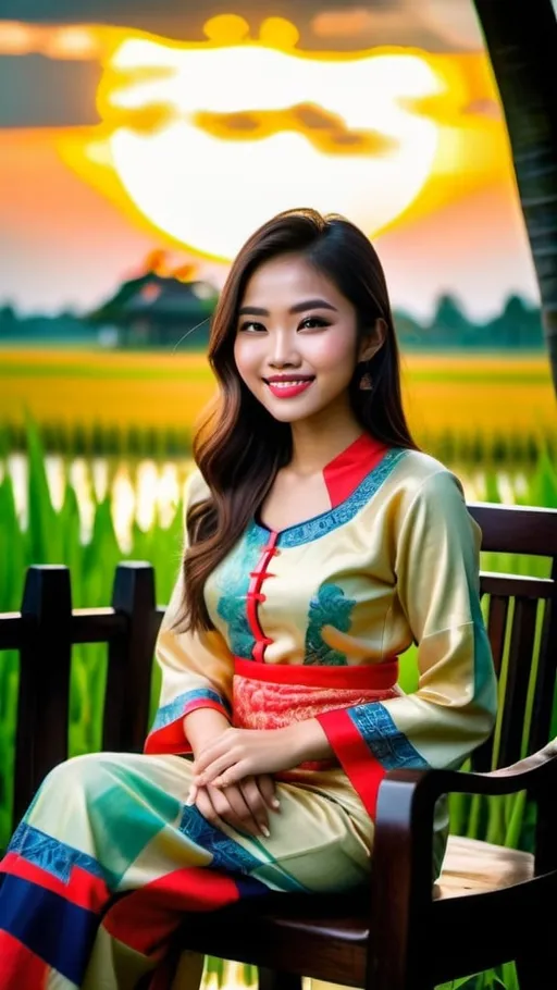 Prompt: A stunningly beautiful 21-year-old Malaysian girl, perfectly shape body, big beautiful bosoms, wearing traditional baju kurung, smiling sweetly, supermodel makeup, sitting leisurely on an antique wooden chair, in front of lush beautiful paddy field and traditional Malay residence, beautiful sunset, warm glittering lights nearby, serene mood, ray tracing, grainy film effects, bokeh effects, lens flare, panoramic, atmospheric, ultra hyperrealistic, ultra HDR, beautifully shot, sharp focus, 64 megapixels, perfect composition, high contrast, intricate details, Nikon Z7ii, Nikkor 85mm f/1.8 1/250 ISO400