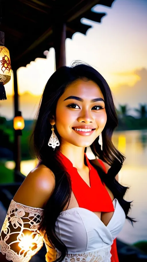 Prompt: A beautiful 21 years old Balinese girl wearing white decorated lace Kebaya Bali, beautifully perfect body shape, large bosoms, smiling sweetly, professional supermodel makeup, wearing traditional Balinese accessories, standing in front of traditional Balinese residence and lush Balinese landscape. Image captured at sunset with glittering Balinese pendant lamps, bokeh effect, perfect composition, high contrast, cinematic, atmospheric, panoramic, moody, 64 megapixels, ISO400 