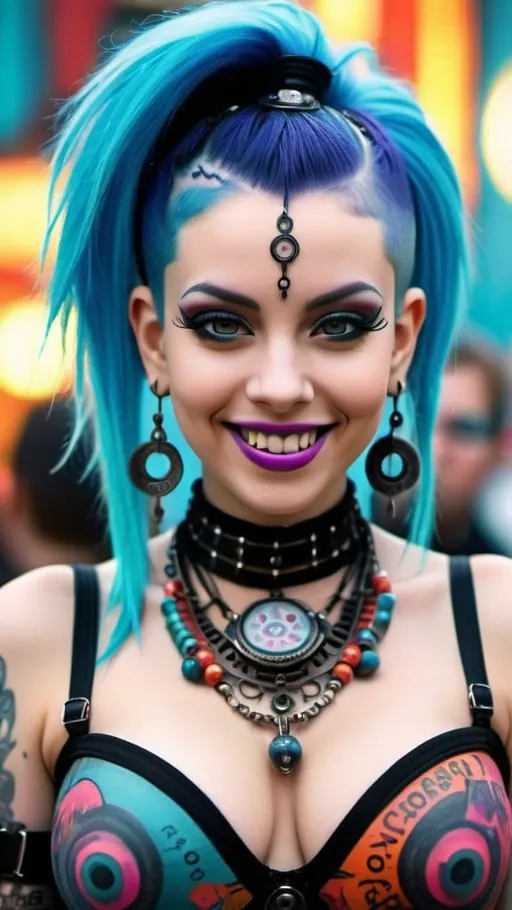 Prompt: Close up portrait shot, frontal view, a beautiful cybergoth girl with huge beautiful bosoms, flirty smile, heavy cybergoth avant-garde accessories, bangles, ornate body piercings, Sanskrit body tattoos, ornate ornaments, in the style of Dan Lam, Aaron Horkey & Andy Warhol, Psychedelic post world as a backdrop in full bokeh effects, Surrealistic, Beautiful, Weird, Elegant, Eerie, Glamorous, Psychedelic, cgi, 3d, 32k, vibrant, realistic, hyperrealistic, photorealistic, cinematic, interesting, exciting, ultra vivid, solid, shiny, maximalist, perfect, masterpiece, intricate details, HDR, beautifully shot, hyperrealistic, sharp focus, 64 megapixels, perfect composition, high contrast, cinematic, atmospheric, moody