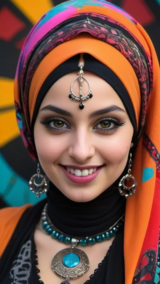 Prompt: Close up portrait shot, frontal view, a beautiful flamboyant Hijabi Palestinian girl with huge beautiful bosoms, flirty smile, ornate cybergoth accessories, bangles, ornate nose piercings, ornate ornaments, in the style of Dan Lam, Aaron Horkey & Andy Warhol, Psychedelic post world as a backdrop in full bokeh effects, Surrealistic, Beautiful, Weird, Elegant, Eerie, Glamorous, Psychedelic, cgi, 3d, 32k, vibrant, realistic, hyperrealistic, photorealistic, cinematic, interesting, exciting, ultra vivid, super solid, shiny, maximalist, perfect, masterpiece, intricate details, HDR, beautifully shot, hyperrealistic, sharp focus, 64 megapixels, perfect composition, high contrast, cinematic, atmospheric, moody