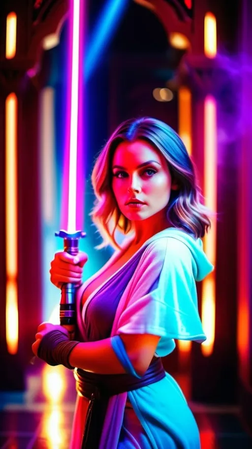 Prompt: A young and beautiful Jedi girl yielding a light sabre with her hands, huge beautiful bosoms, free flowing hair, attacking pose stance, wearing a Jedi robe, a misty crimson and violet effects and Tattoine palace as a backdrop, bokeh effects, glittering lights, Cinematic film still, shot on v-raptor XL, film grain, vignette, color graded, post-processed, cinematic lighting, 35mm film, live-action, best quality, atmospheric, a masterpiece, epic, stunning, dramatic, intricate details, HDR, beautifully shot, hyperrealistic, sharp focus, 64 megapixels, perfect composition, high contrast, epicanthic fold, cinematic, atmospheric, atmospheric 