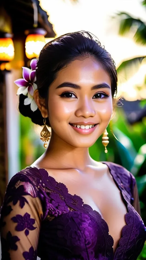 Prompt: A beautiful 21 years old Balinese girl wearing dark purple decorated lace traditional Kebaya Bali, beautifully perfect body shape, large bosoms, smiling sweetly, professional supermodel makeup, wearing traditional Balinese accessories, standing in front of traditional Balinese residence and lush Balinese landscape. Image captured at sunset with glittering Balinese pendant lamps, bokeh effect, perfect composition, high contrast, epicanthic fold, cinematic, atmospheric, panoramic, moody, 64 megapixels, ISO400