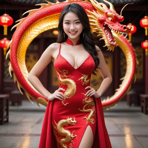 Prompt: Full body shot of an insanely beautiful smiling 21 years old girl, standing stylishly wearing tight fitting bright red dress decorated with dragon motive, bright red eyes, perfect symmetric eyes, supermodel makeup, huge beautiful bosoms, beautiful perfect body, flirty, engulfed by gold Chinese dragon hologram around the girl, super intricate details, hyper detailed photo, 64 megapixels, ultra HDR, beautifully shot, hyperrealistic, super sharp focus, 64 megapixels, perfect composition, high contrast, cinematic, atmospheric, moody, bokeh effects, life like, Nikon Z7ii, Nikkor 85mm f/1.8 1/250 ISO400