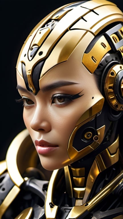 Prompt: create a mecha female cyborg, gold and black concept, hi tech design , the design armor was based on Malaysian kerawang batik motifs, matte titanium , the mask fully hi tech concept with some Malaysian batik embossed pattern, dramatic mood , wear a scarf at neck zone, cinematic , dramatic shadow , intricate, intricate details, ultra HDR, beautifully shot, hyperrealistic, sharp focus, 64 megapixels, perfect composition, high contrast, cinematic, atmospheric, moody