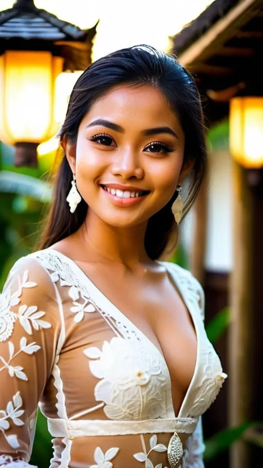 Prompt: A beautiful 21 years old Balinese girl wearing white decorated lace traditional Kebaya Bali, beautifully perfect body shape, large bosoms, smiling sweetly, professional supermodel makeup, wearing traditional Balinese accessories, standing in front of traditional Balinese residence and lush Balinese landscape. Image captured at sunset with glittering Balinese pendant lamps, bokeh effect, perfect composition, high contrast, cinematic, atmospheric, panoramic, moody, 64 megapixels, ISO400 