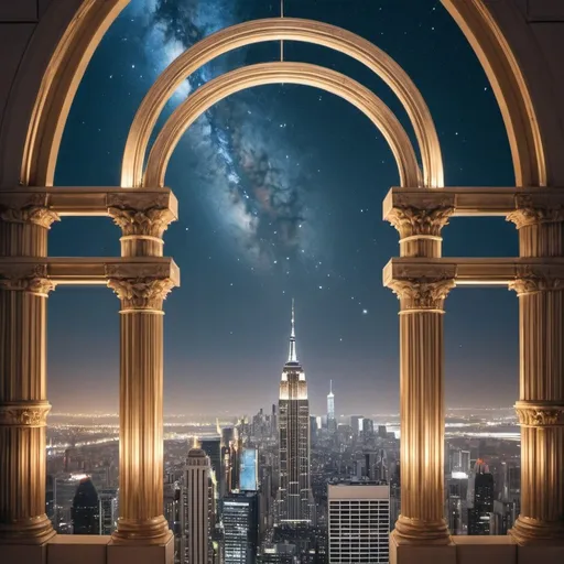 Prompt: Two parallel to each other and to the picture frame, straight classical style skyscrapers connected to each other at the by a metal arch. They must look like a picture frame for the clear galaxy night sky full of stars at the background
