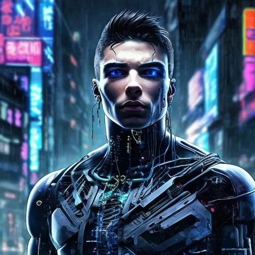 Prompt: Black hair male blue eyes and lean but muscular build 
Cyberpunk
