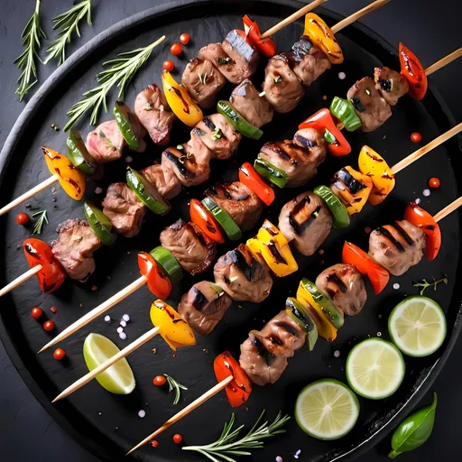 Prompt: Grilled kabobs meat with spices
