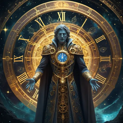 Prompt: (kronos the time lord), an ethereal figure enveloped in swirling cosmic energy, intricate clockwork designs shimmering around him, (dramatic lighting), (mystical ambiance), set against a starry abyss, muted colors contrasted with vibrant gold accents, depicting the manipulation of time, ultra-detailed, 4K resolution.