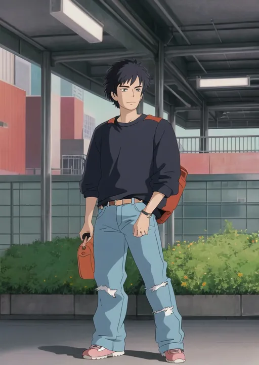 Prompt: a man standing in a parking garage holding a backpack and a cell phone in his hand and looking up and wearing baggy jeans, Fan Kuan, maximalism, tech wear, a character portrait