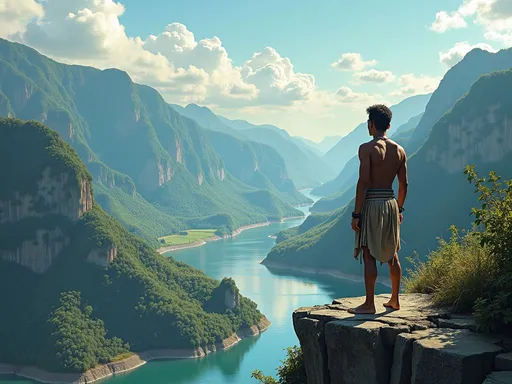 Prompt: Illustrate a scene of a strong and determined young man. He stands at the edge of a cliff overlooking the beautiful landscape of West Java, with a majestic view of the mountains and rivers.