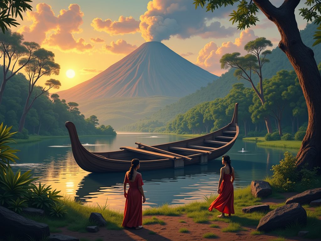 Prompt: Create a detailed illustration set in a lush, mountainous landscape of West Java, featuring two main characters: Dayang Sumbi, a beautiful, young woman dressed in traditional Sundanese attire, and Sangkuriang, a strong, determined young man. In the background, depict a large, half-constructed wooden boat near a river, with Sangkuriang in mid-motion as he angrily kicks the boat. the boat flip over resemble the shape of a mountain. The scene is set at dawn, with the first light of day breaking over the horizon, and a mystical aura surrounding Dayang Sumbi as she gazes at Sangkuriang in distress. The surrounding landscape is rich with tropical vegetation, and in the distance, Gunung Tangkuban Perahu looms, its shape resembling the overturned boat.