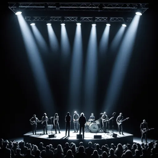 Prompt: a group of people standing on top of a stage under a spotlight filled sky with lights on them and a band on stage, David Dougal Williams, naturalism, deep shadows, a hologram