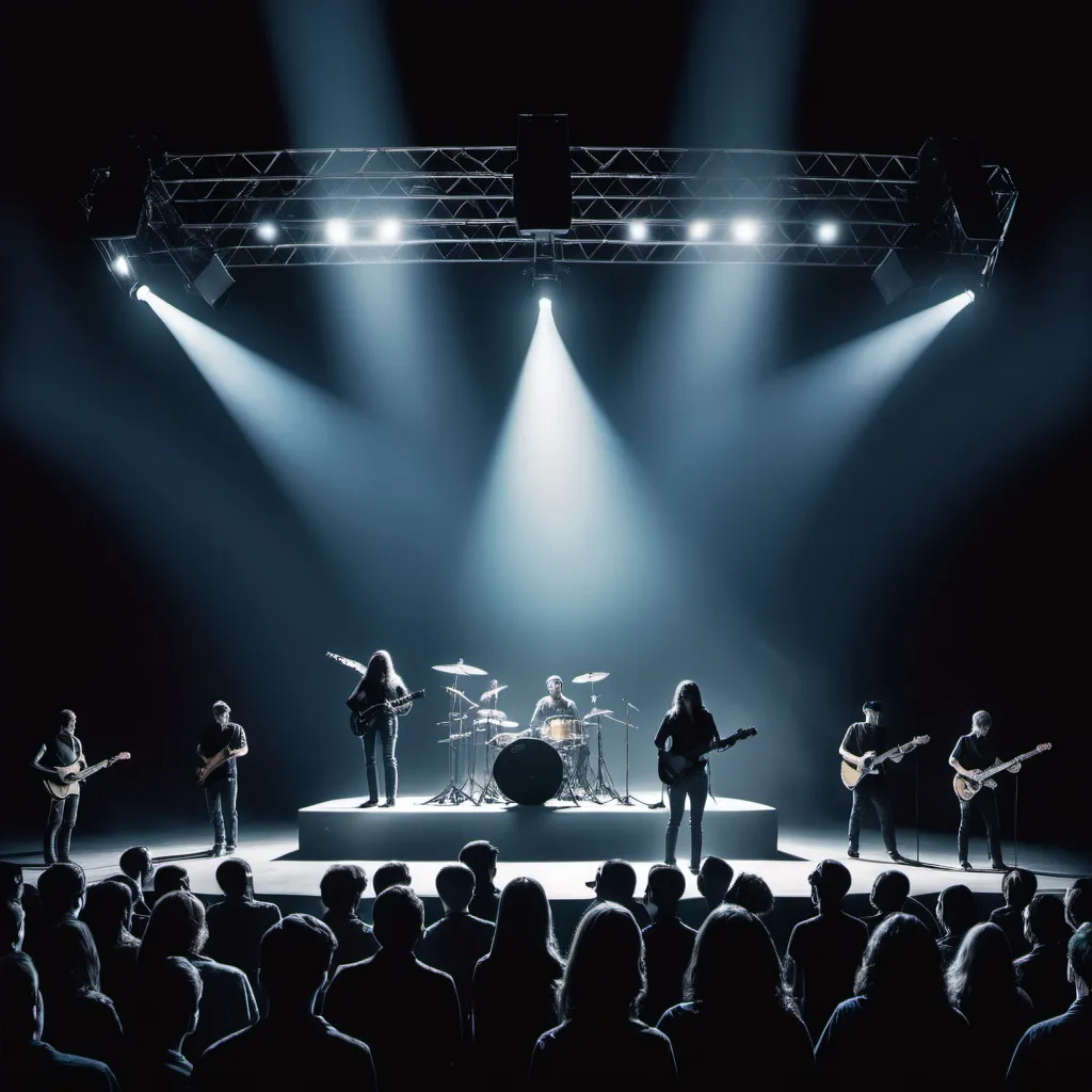 Prompt: a group of people standing on top of a stage under a spotlight filled sky with lights on them and a band on stage, David Dougal Williams, naturalism, deep shadows, a hologram