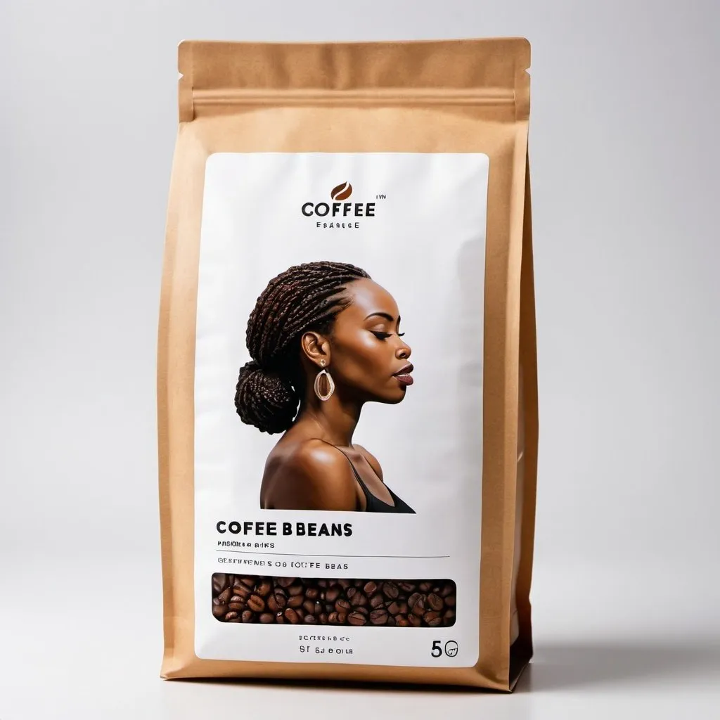 Prompt: 500g package of coffee beans, white background, side view of black woman.