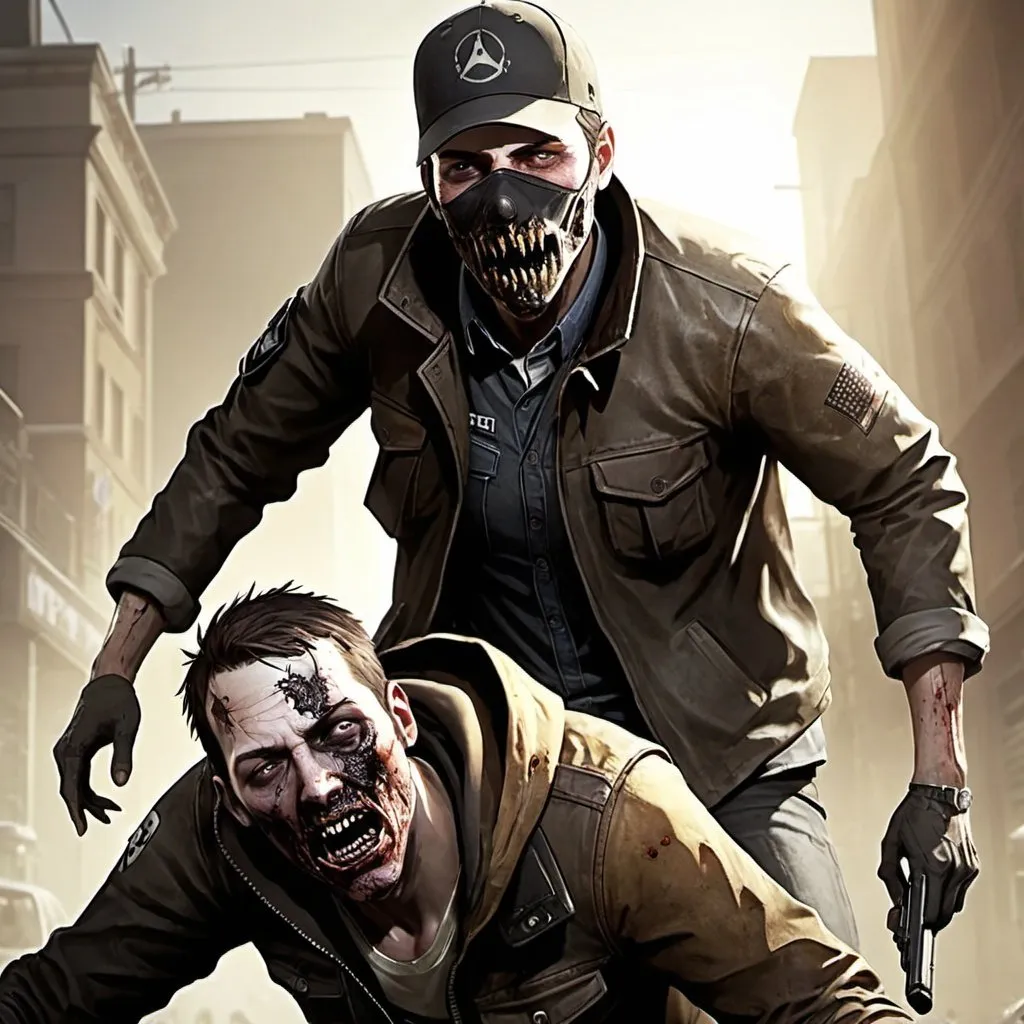 Prompt: kyle crane from dying lightas as zombie biting aiden pearce from watchdogs