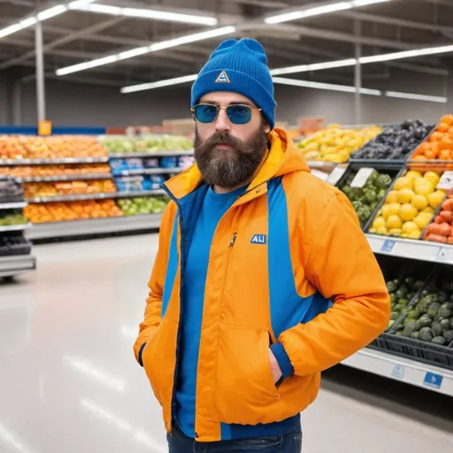 Prompt: a bearded guy in a blue aldi with a black beanie on and a yellow and orange jacket opened to a white shirt 
and he s 56 with sun glasses 