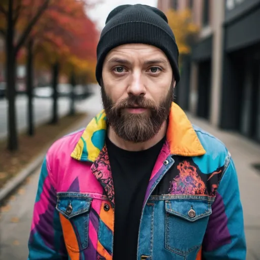 Prompt: creepy bearded  bald guy wearing a black beanie in a vibrant and loud jacket wearing jeans