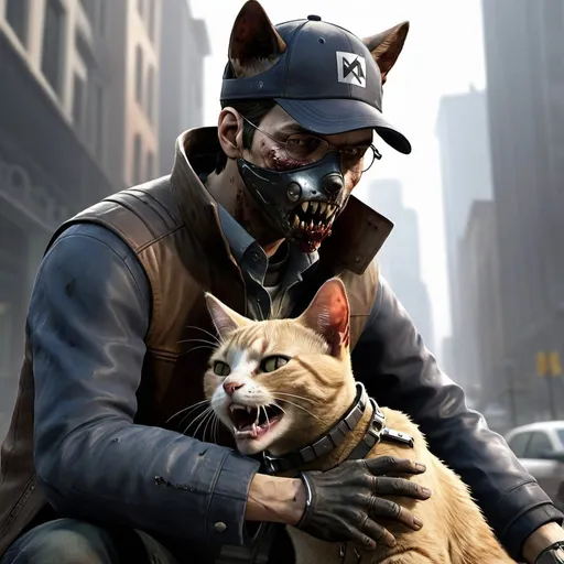 Prompt: zombie cat biting aiden pearce from watchdogs