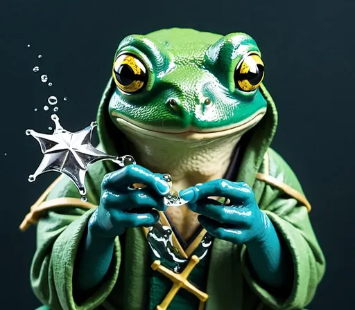 Prompt: frog holding water ninja star