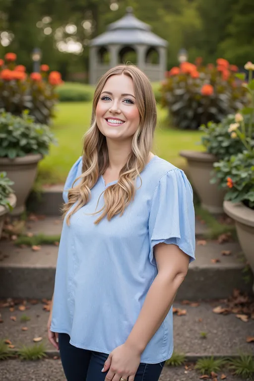Prompt: Create a hyper-realistic doll in a doll box image with the accessories. make the doll in her 30's based on the following description: the person appears to be a woman with long, light brown hair styled in loose waves and has a middle part. She has a warm smile and is dressed in a light blue striped blouse with short sleeves.  She is wearing dark jeans and has a relaxed and approachable expression, giving off a friendly and casual vibe. create a barbie doll and have the following accessories:  laptop, coffee cup, phone only.  Please make a realistic action figure (Barbie doll) of the person in this photo. The doll should be full figure and displayed in its original box packaging. At the top of the box is the name of the toy Paralegal Powerhouse. Please make the box pink . In the packaging, next to the figure are the toy’s accessories