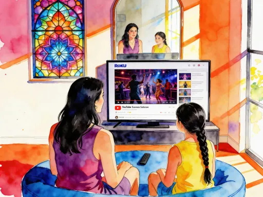 Prompt: Watercolor with thick orange ink-style outlining subjects. Color palette accentuates magentas, blues, yellows, and purples. Dark shadows cast in red and orange. Contrasting highlights in bright blue. Frontwards facing pov. A 30-something young woman who has long black hair is seated on a small round blue sofa. A young girl who has a long black side plait and is sitting next to the other young woman, looking intently at the Roku TV with her. On the display of the Roku TV, a YouTube stream depicting a scene of people dancing in a nightclub. Spanning the width of the wall in its entirety behind the women is a mirror, which reflects the women as well as the display of the Roku TV and in the reflection a multicolored fractal stain glass window is also visible, as well as the stream of light coming from the sunlight outside of the window.