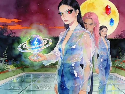 Prompt: Watercolor. Closeup of two 30-something young women dressed in semi-translucent shiny pantsuits with blue overtones are standing outside in a dreamlike view of a garden enclosed by a clear glass floor with embossment. The woman at the farthest end has large multicolored eyes accentuated by dramatic black eyeshadow, and her pupils are small and bright red. She is wearing an expression signifying serious envy. A deep magenta night sky with orange accenting throughout, and a large yellow moon with red and blue crystals glowing from its surface. Next to them is a young man with long pink hair who is sneaking up behind the woman at the farthest to the left, holding a glistening semi-translucent figurine of a planet with three outer overlapping rings containing an inner blue glowing lightning bolt. The outside of the figurine has a hazy green aura projecting from it. 