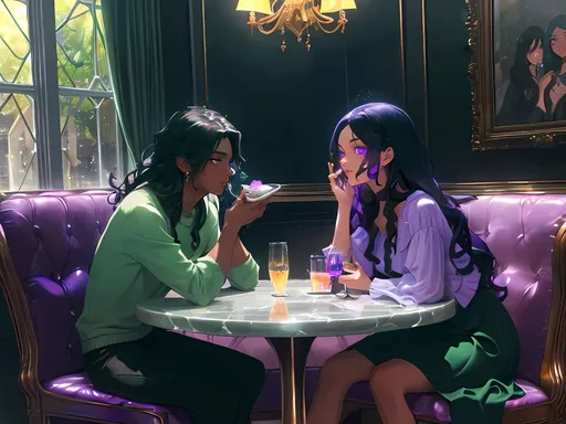 Prompt: In a cozy cafe, a young man with medium brown skin and a young woman with medium brown skin sit side by side at a round marble table, surrounded by plush blue upholstery that enhances the intimate atmosphere. Both of them have long wavy black hair and both are wearing heavy black eyeliner. The man has glowing purple eyes The woman has glowing green eyes. The man holds a glass of purple drink adorned with bubbles, while the woman, exuding a playful aura, gestures with her hands, drawing attention to a small bowl of mint green ice cream resting between them. The warm light filtering through large windows highlights their contrasting makeup. Behind them, a lively scene unfolds with several patrons engaged in conversation, adding a vibrant energy to the setting while capturing a moment of friendship and casual indulgence.
