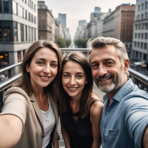 Prompt: Stunning selfie photography hyper realistic 9:16 aspect of THREE PEOPLE  friends in a city view platform enjoying, happy and mid age