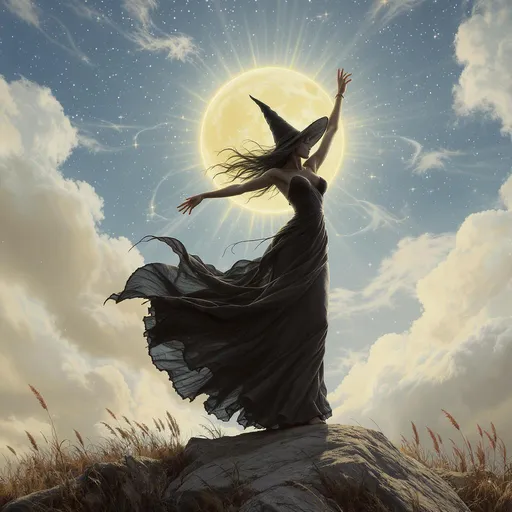 Prompt: black witch dancing on the sun