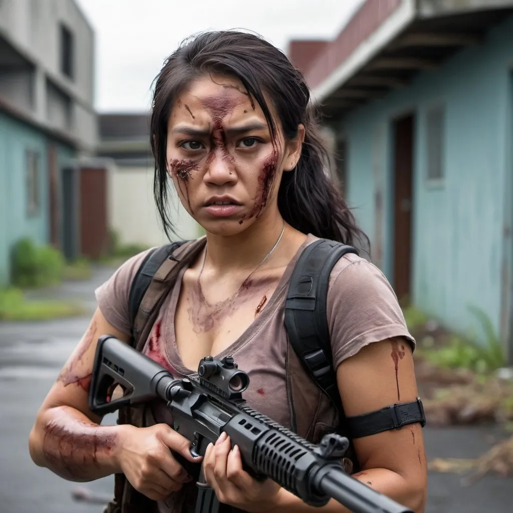 Prompt: A pacific islander woman in the zombie apocalypse holding a weapon, less scars, urban setting