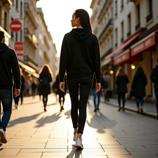 Prompt: @1TtehmQxTQCpNVOP0L8H is walking the street, she looks tall and elegant with a good bpdy style of walking,