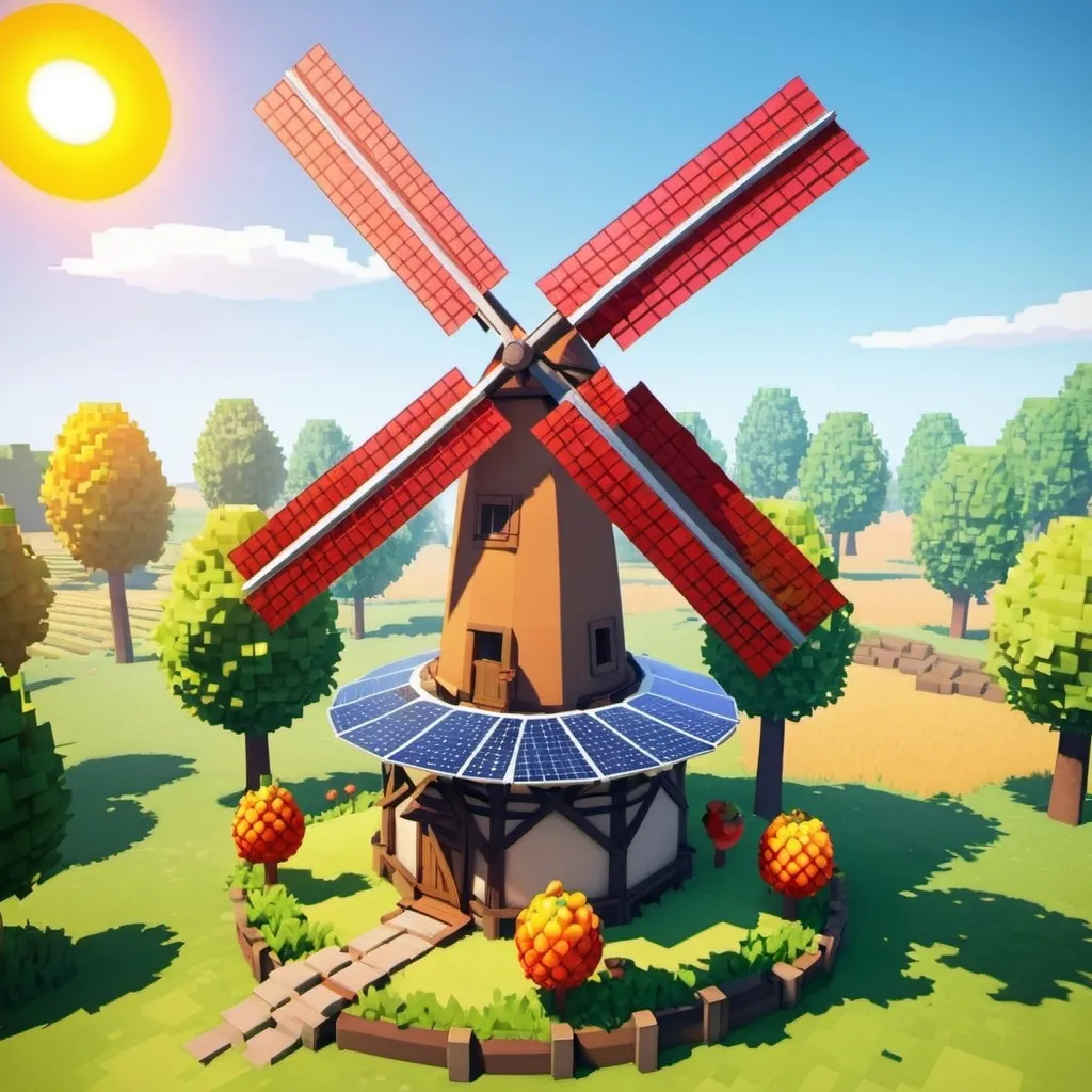 Prompt: A windmill with a solar panel on it to use energy from the sun with a kitsune fruit in blox fruits near it